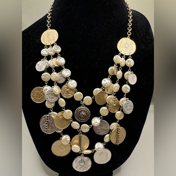 Chico's Gold and Silver Coin Necklace with Pearl Accents - Picture 2 of 6